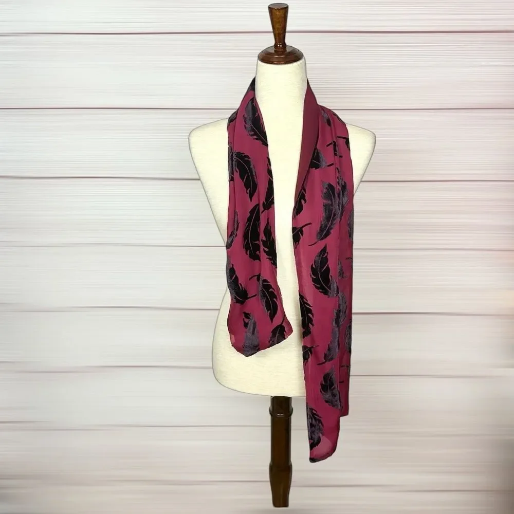 Elaine Gold Lined Scarf Rayon Silk Blend Burnout Velvet Burgundy Black Feathers